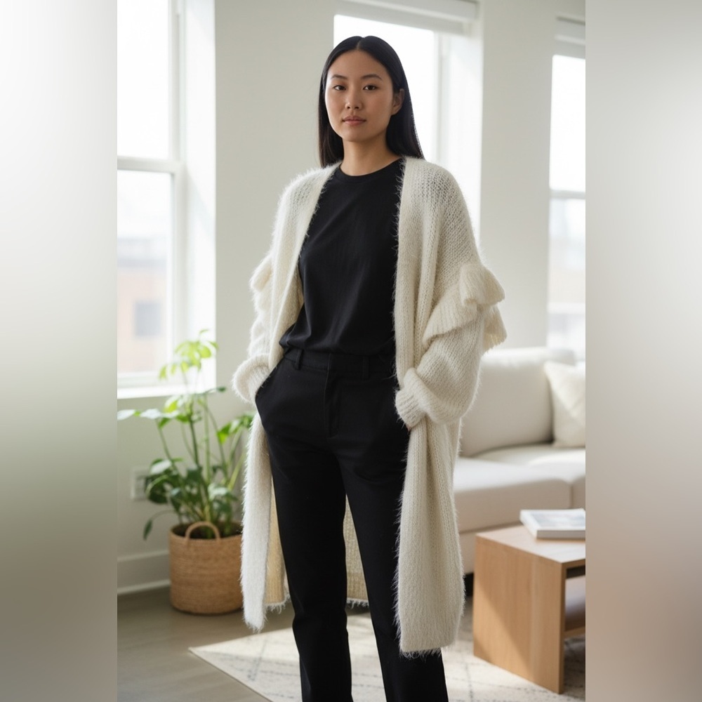 Make + Model Cream Open Front Cardigan Sweater M/L Cozy Longline Knit Neutral